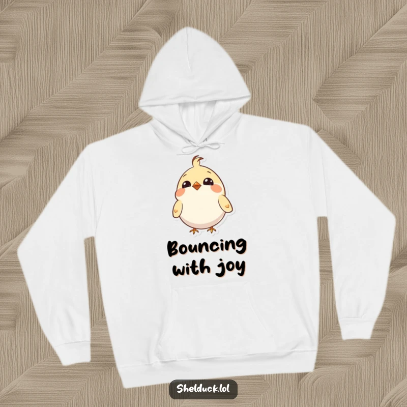 Funny hoodie showcasing a small, round bird with bright eyes, enthusiastically bobbing its head with infectious excitement.