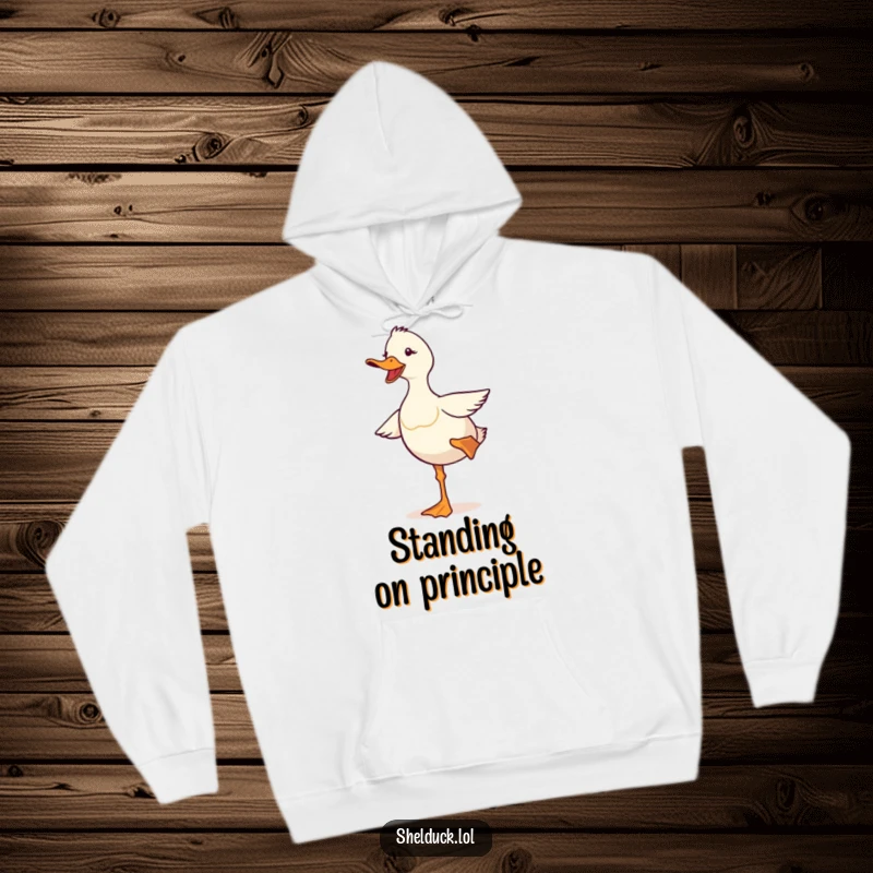 Funny shelduck hoodie featuring a cute bird comically balancing on one leg, perfect for staying warm and amused