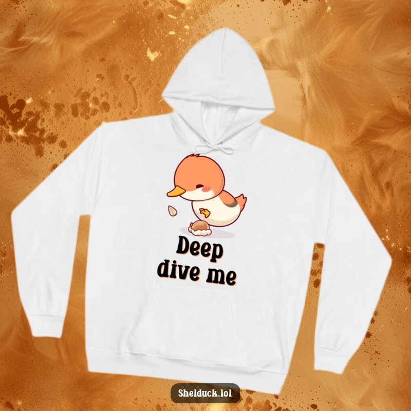 Funny Shelduck Dive Hoodie: A warm hoodie featuring a shelduck bird enthusiastically diving for a small shell, perfect for casual wear.