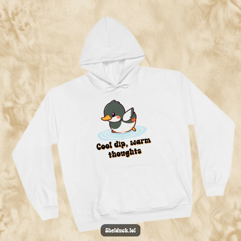 Funny shelduck hoodie depicting a small bird playfully diving into water, capturing a moment of aquatic fun.