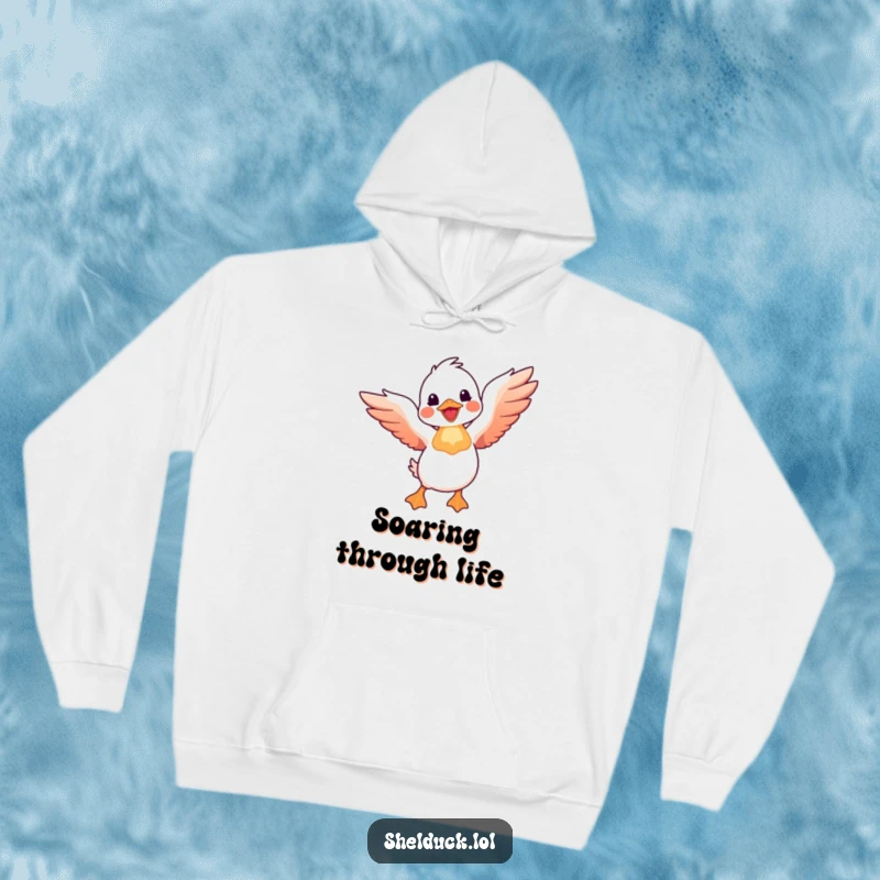 Funny shelduck hoodie shows a shelduck bird joyfully taking flight with wings spread wide, perfect for cozy adventures.