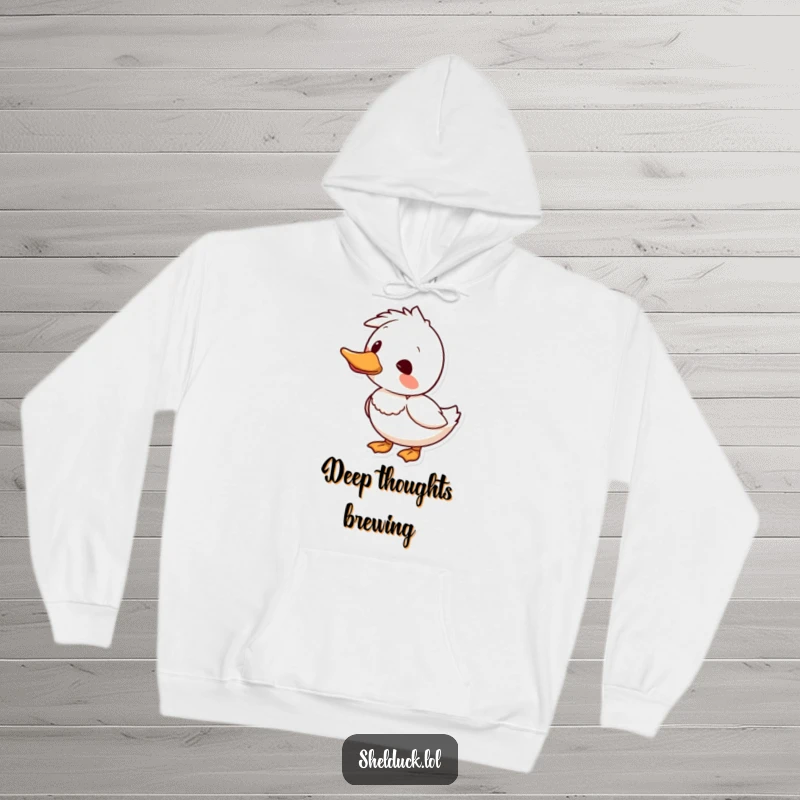 Funny shelduck hoodie depicting a bird curiously tilting its head, perfect for cozy wear and thoughtful moments.
