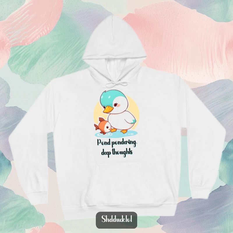 Funny Shelduck Hoodie featuring a cute duck character curiously watching a small fish, designed for cozy contemplation.