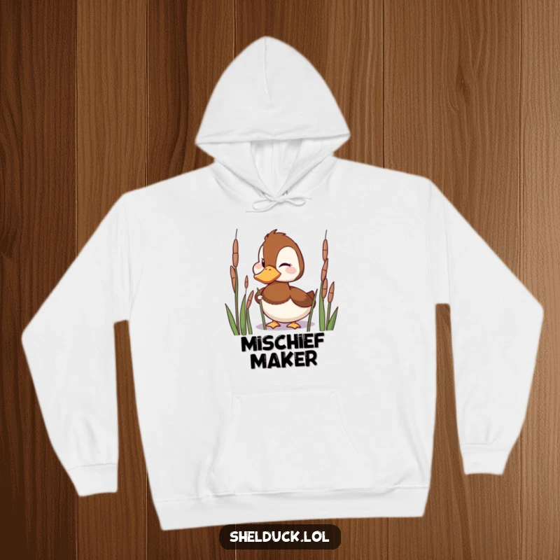 Funny Hoodie graphic of a mischievous shelduck bird peeking from reeds and winking.