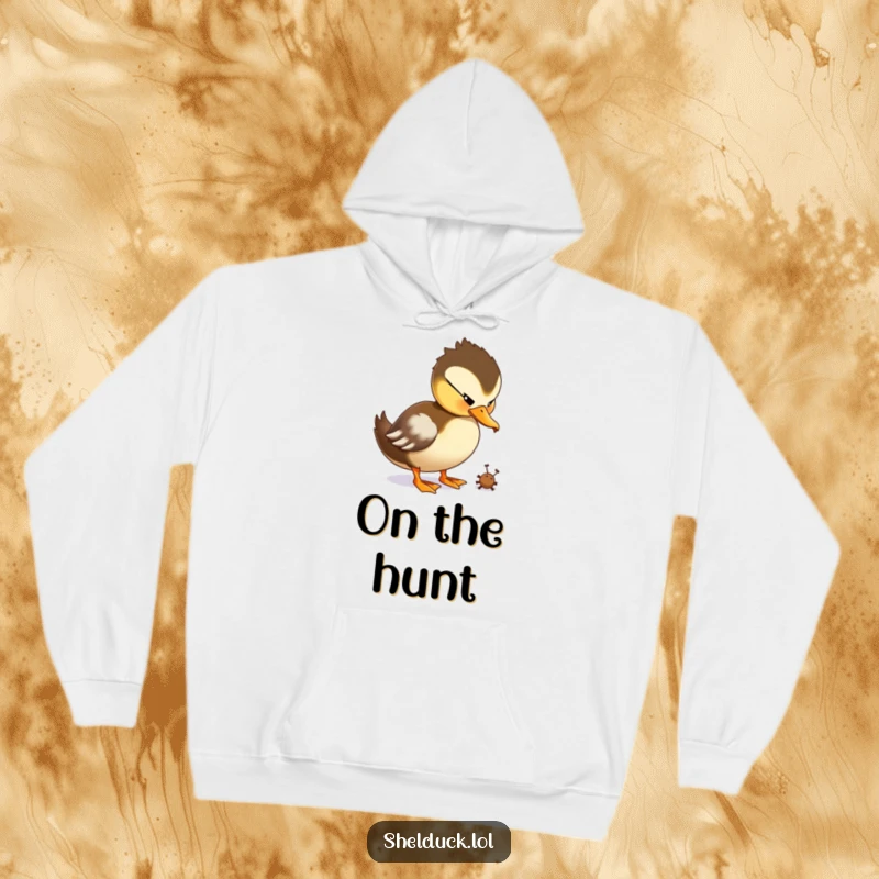 Funny Shelduck Hoodie featuring a duck character playfully pecking at a tiny bug with charm.