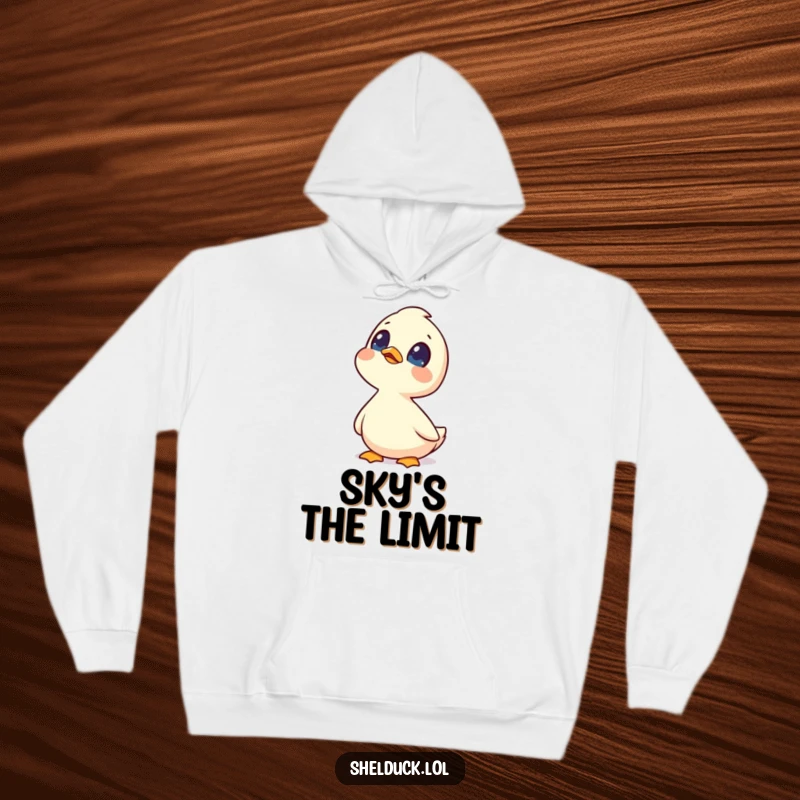 Funny shelduck hoodie featuring a curious shelduck bird looking up at the sky with wide, thoughtful eyes.