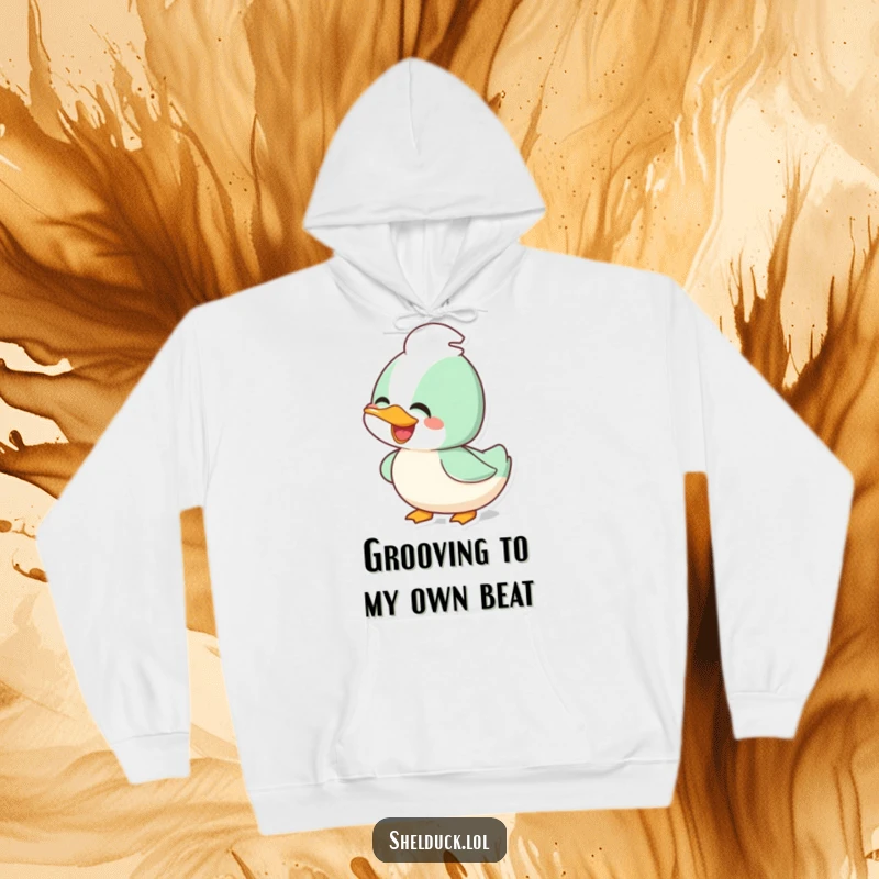 Funny joyful shelduck hoodie, depicting a happy bird bobbing its head with enthusiasm, perfect for cozy, fun vibes.