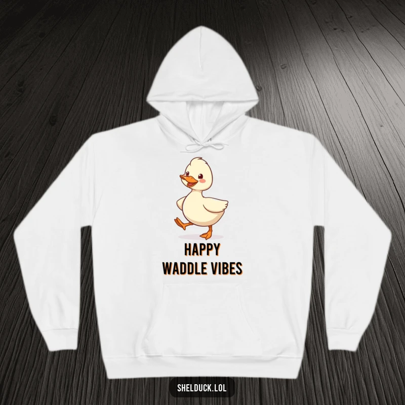 Funny Shelduck Hoodie, showing a cute cartoon bird character waddling energetically with a joyful grin, perfect for cozy comfort.