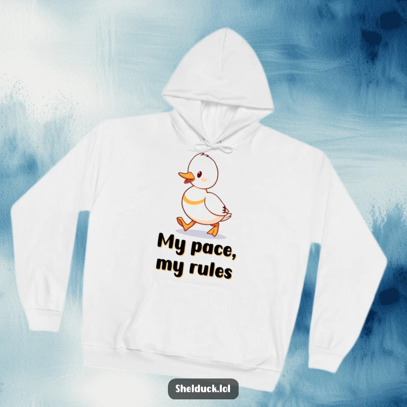 Funny Shelduck Waddling Hoodie showing a duck walking with a determined gait, a humorous and warm clothing item.