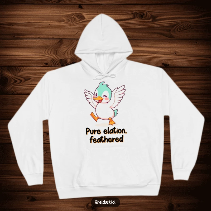 Funny Shelduck Hoodie, showing a cute cartoon bird character flapping its wings with pure excitement, perfect for cozy days.