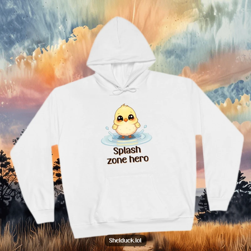 Funny hoodie depicting a small, fluffy bird with large, curious eyes gleefully splashing in a puddle, bringing warmth and whimsy.