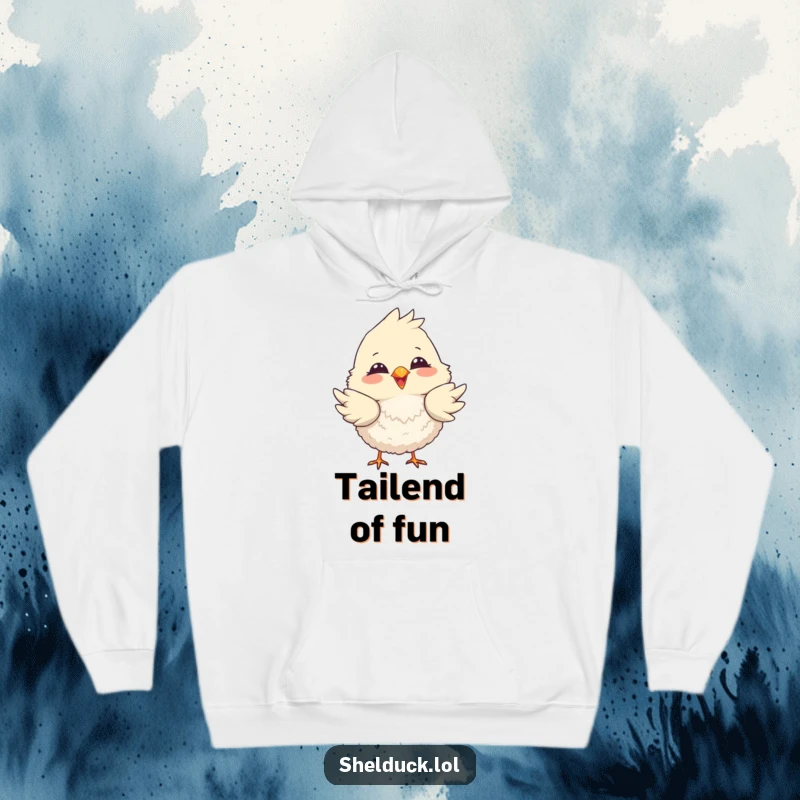 Funny hoodie showcasing a fluffy bird with a big smile, playfully dipping its tail feathers with delightful abandon.
