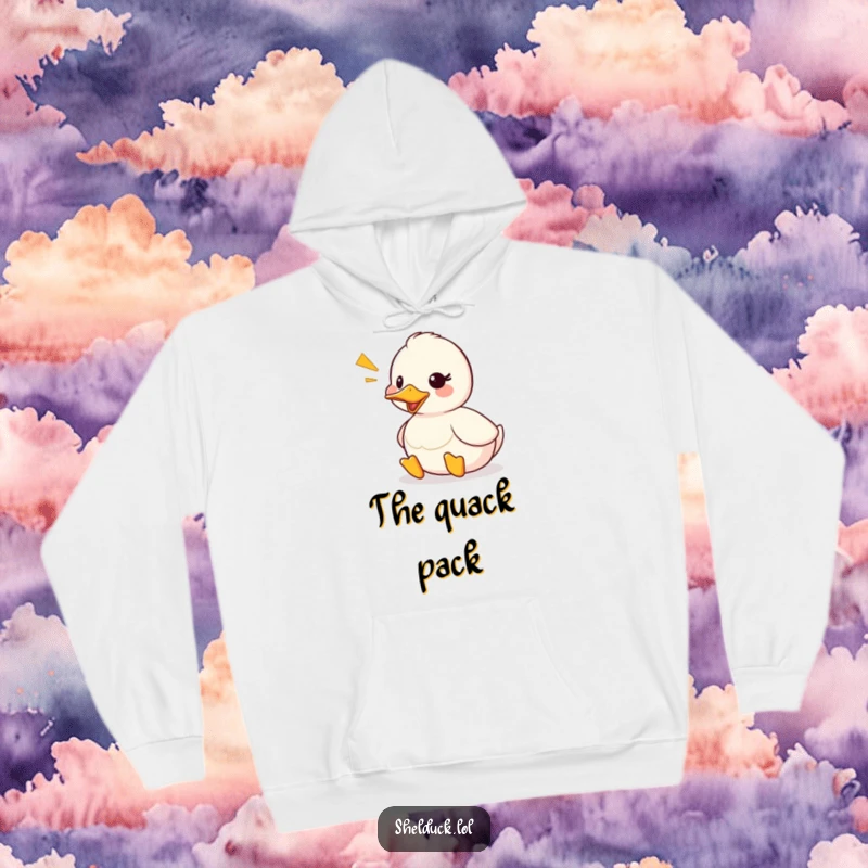 Funny shelduck hoodie showing a cute duck character quacking loudly, with visible sound waves adding a dynamic, humorous element.