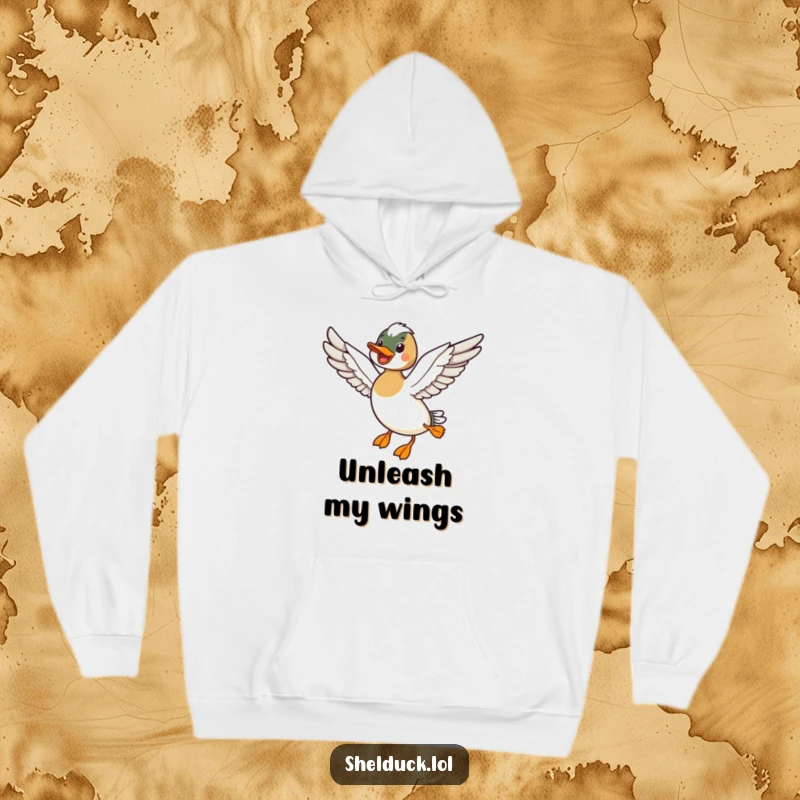 Funny hoodie featuring a shelduck bird flying with wings outstretched, embodying cozy freedom and a soaring spirit.