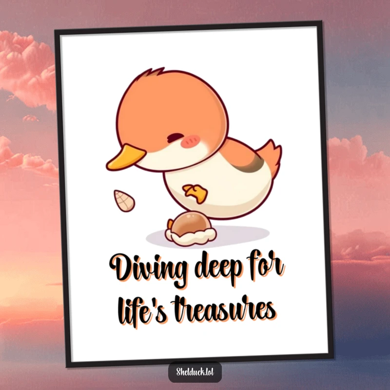 Funny Free Printable Wall Art: A shelduck enthusiastically diving underwater for a tiny shell, a humorous piece of art.