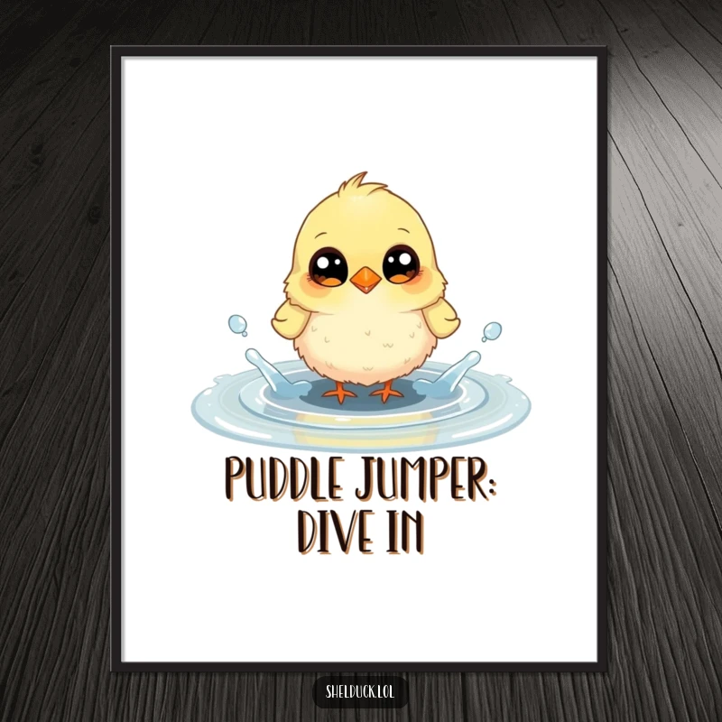 Funny free printable wall art: a fluffy bird with big eyes joyfully splashes in a puddle, creating a scene of pure, comical bliss.