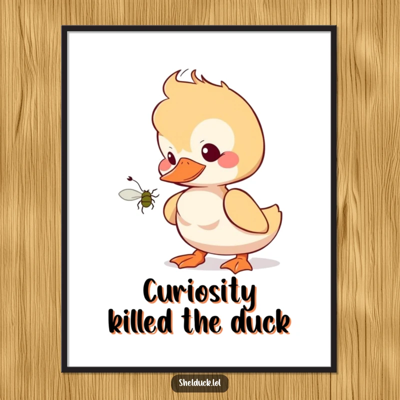 Funny Free Printable Shelduck Wall Art, a curious duckling tilting its head at a bug, unique downloadable home decor.