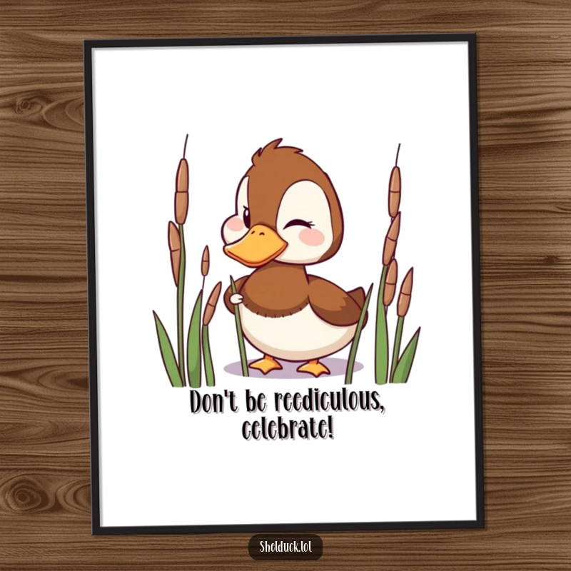 Funny Free Printable Shelduck Wall Art: A playful shelduck with a mischievous grin winks while peeking from reeds, bringing coastal humor indoors.