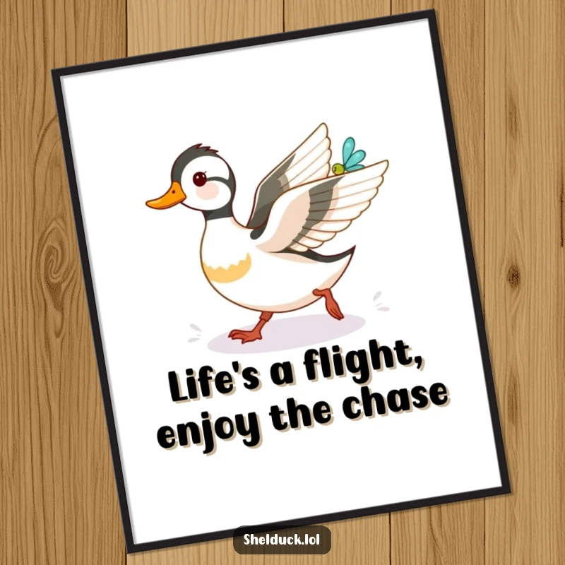 Funny Free Printable Wall Art: A comical shelduck playfully chasing a dazzling dragonfly, capturing outdoor joy.