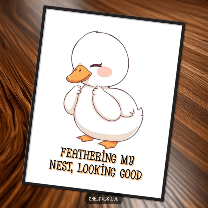 Funny Free Printable Wall Art: Shelduck character preening its feathers with a contented smile, adding calm humor.
