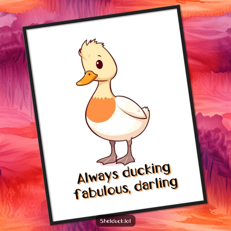Funny Free Printable Wall Art: Cute shelduck character standing tall and alert, looking around, humorous downloadable decor.