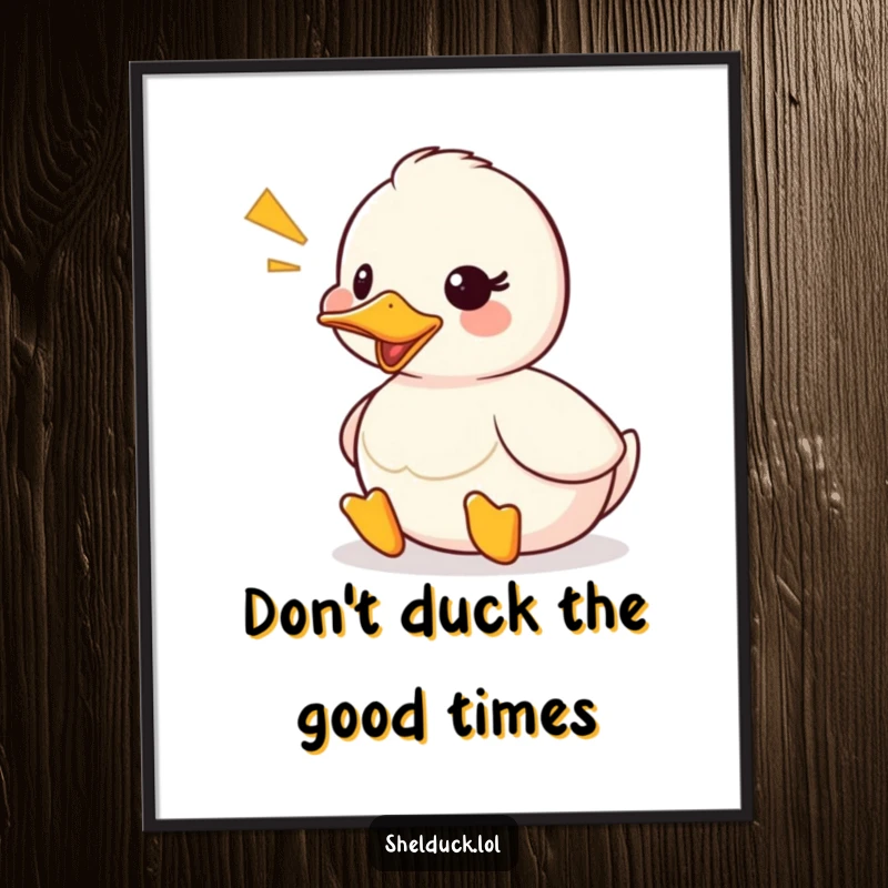Funny Free Printable Wall Art: Cute shelduck character quacking cheerfully with visible sound waves, humorous downloadable decor.