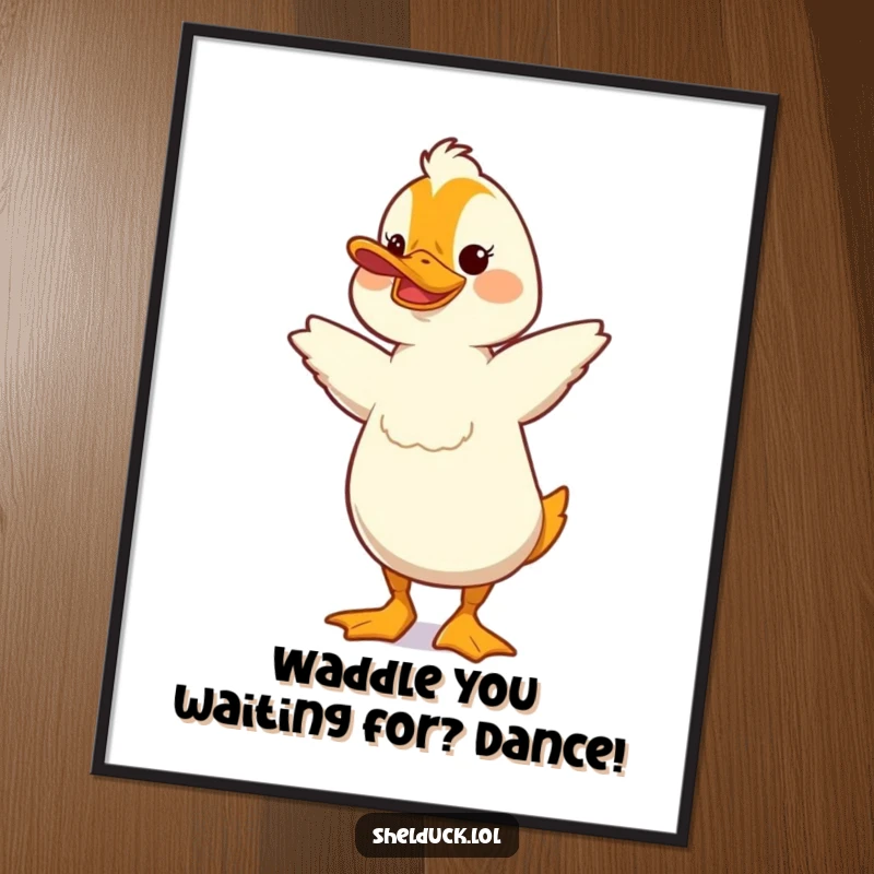 Funny Free Printable Wall Art: Shelduck character doing a silly bobbing dance, adding quirky humor to decor.