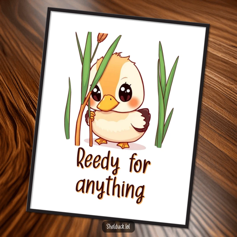 Funny Free Printable Shelduck Wall Art: A shelduck with wide, expressive eyes peeking from behind a tall reed.