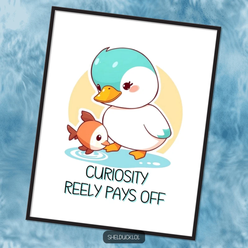 Funny Free Printable Wall Art: Shelduck character depicted with wide-eyed curiosity at a small fish, creating amusing downloadable art.