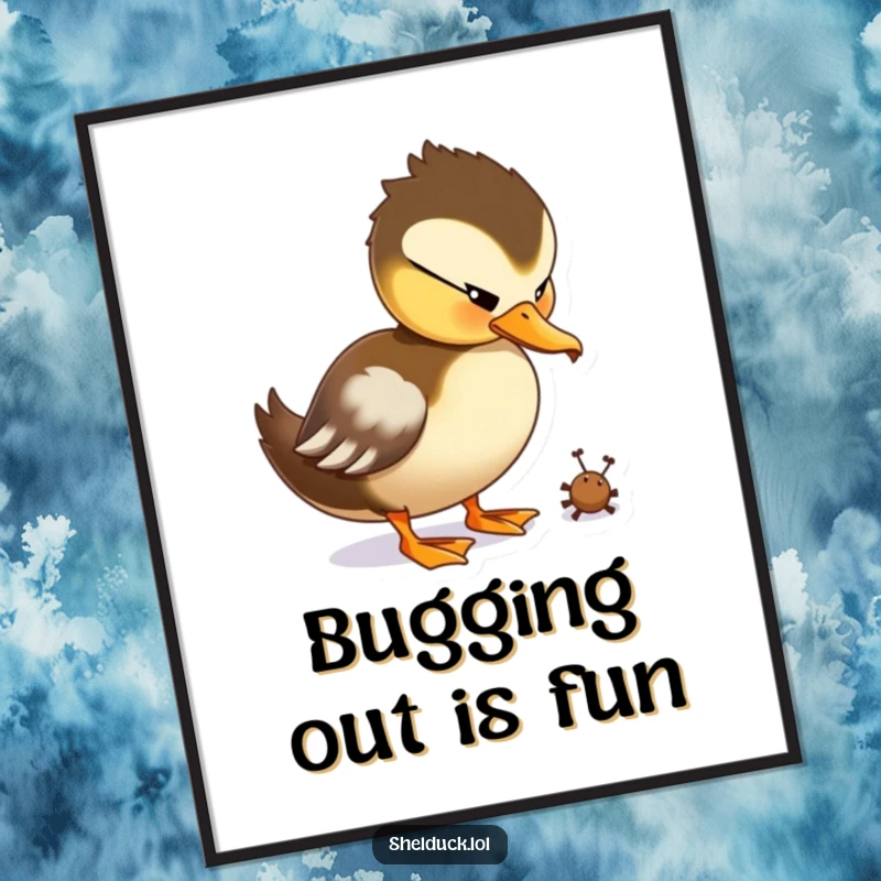 Funny Free Printable Wall Art: A shelduck character humorously pecking at a tiny bug, bringing a whimsical and amusing scene to your walls.