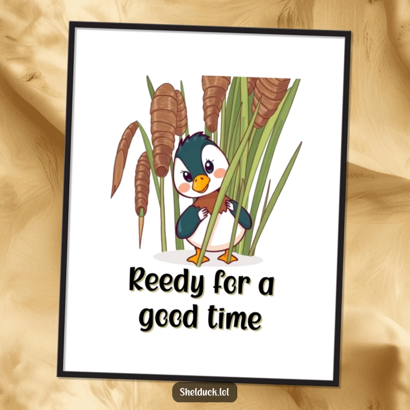 Funny Free Printable Wall Art: A shelduck comically peeks from behind a large reed, eyes sparkling with mischief. Playful bird art.