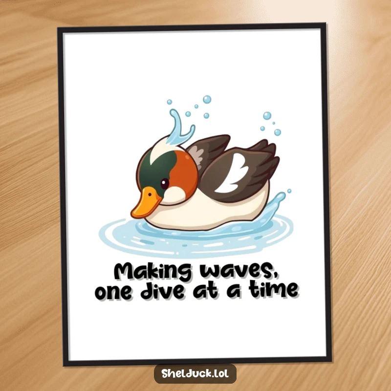 Funny Free Printable Wall Art: A shelduck bird dives its head underwater with a dramatic splash, adding humor to decor.