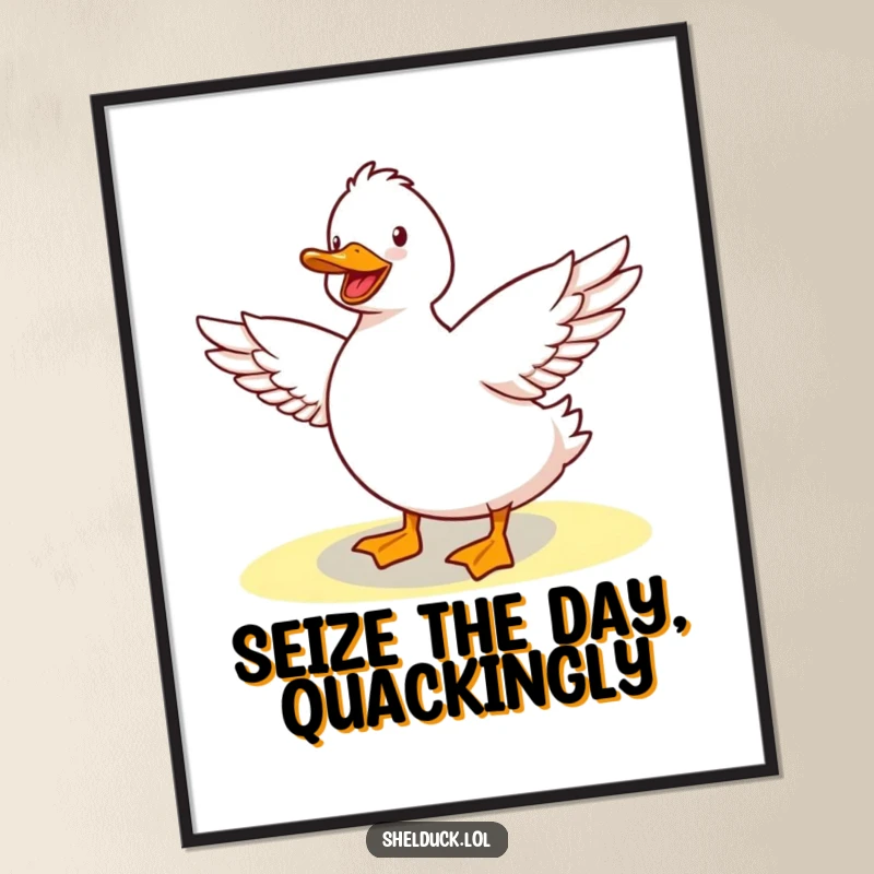 Funny Free Printable Wall Art: Adorable Shelduck character happily stretching its wings in warm sunshine, radiating cheer.