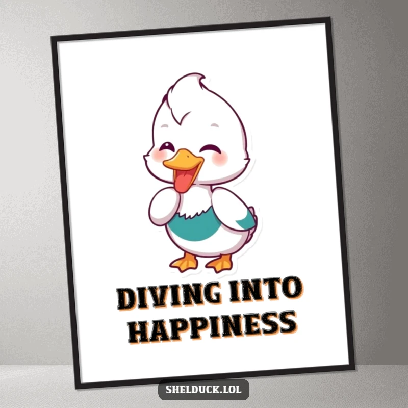 Funny Free Printable Wall Art: A shelduck character joyfully dipping its beak into water with a look of pure bliss.