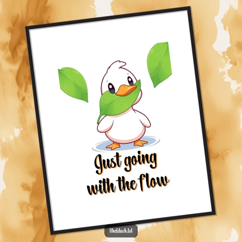 Funny Free Printable Shelduck Wall Art: A surprised duck stares wide-eyed at a floating leaf, adding quirky decor.
