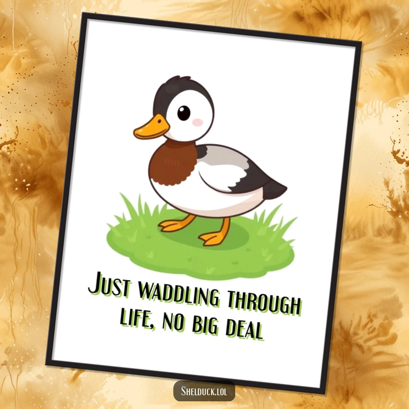 Funny Free Printable Wall Art: A shelduck bird waddles playfully across a green grassy patch, exuding cheerful energy.