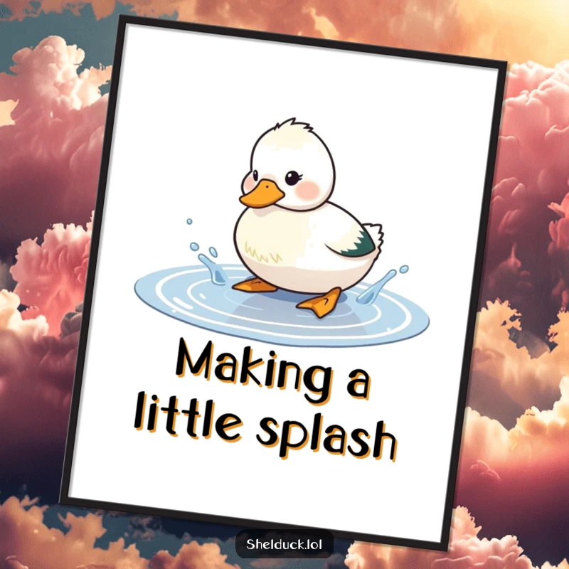 Funny Free Printable Shelduck Wall Art: A shelduck having a blast splashing in a tiny puddle, creating a vibrant and humorous visual.
