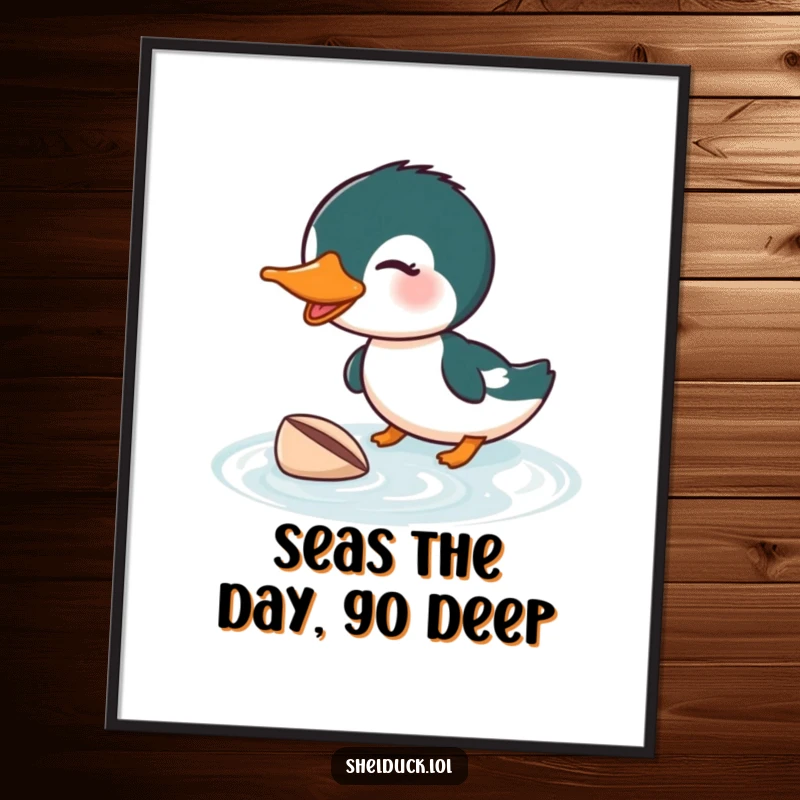 Funny Free Printable Wall Art: A shelduck energetically diving underwater, focused on finding a tiny shell. A humorous, action-packed downloadable piece.