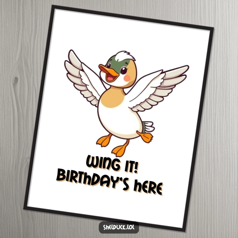 Funny free printable wall art of a shelduck happily flying with wings outstretched, symbolizing freedom and joy.