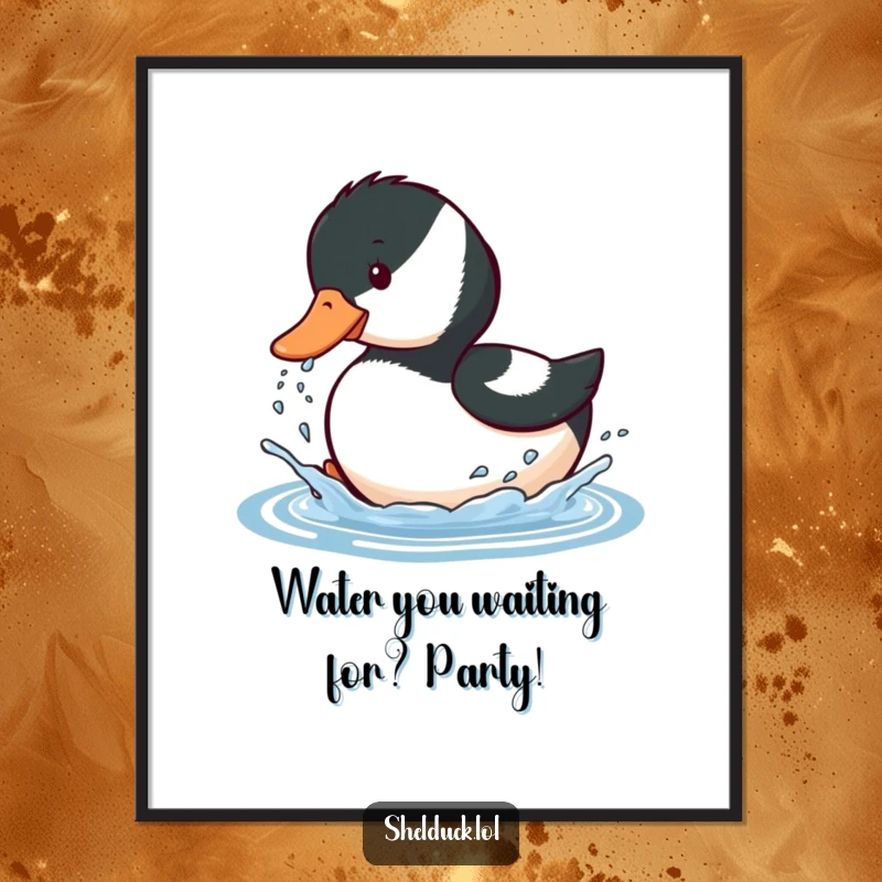 Funny free printable wall art of a shelduck bird playfully splashing water with its beak, bringing joy and energy.