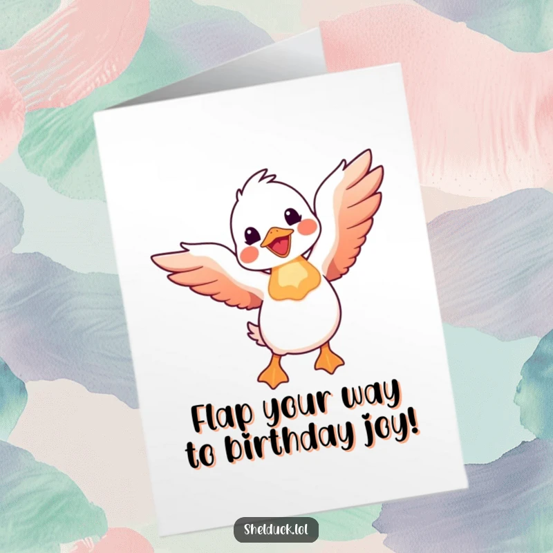 Funny Free Printable Birthday Card: A shelduck with wings spread wide, joyfully taking flight for a birthday.