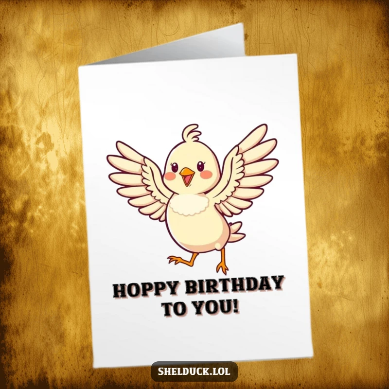 Funny Free Printable Birthday Card of a cheerful bird hopping high with its wings spread wide in pure birthday excitement.