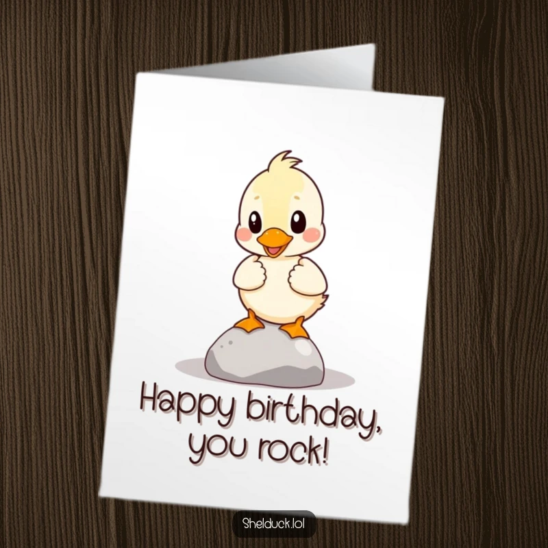 Funny Free Printable Birthday Card: A shelduck struggling to balance a tiny pebble on its head with a silly expression.