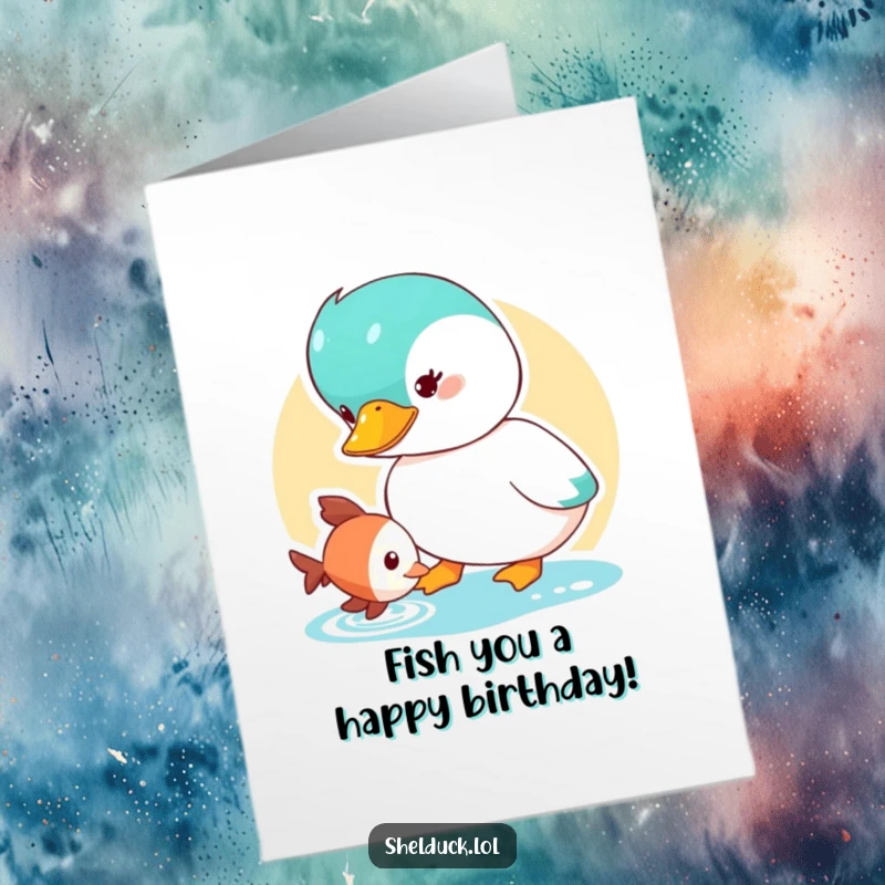 Funny Free Printable Birthday Card: A shelduck with wide eyes looking curiously at a tiny fish. A humorous 'Happy Birthday' greeting.