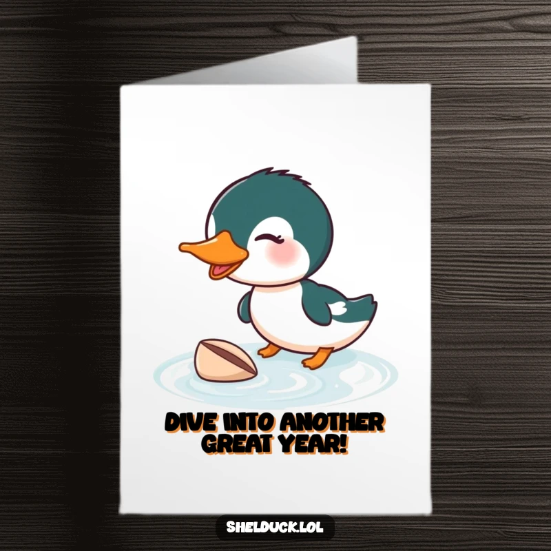 Funny Free Printable Birthday Card: An enthusiastic shelduck diving headfirst, searching for the perfect birthday shell in a humorous display.