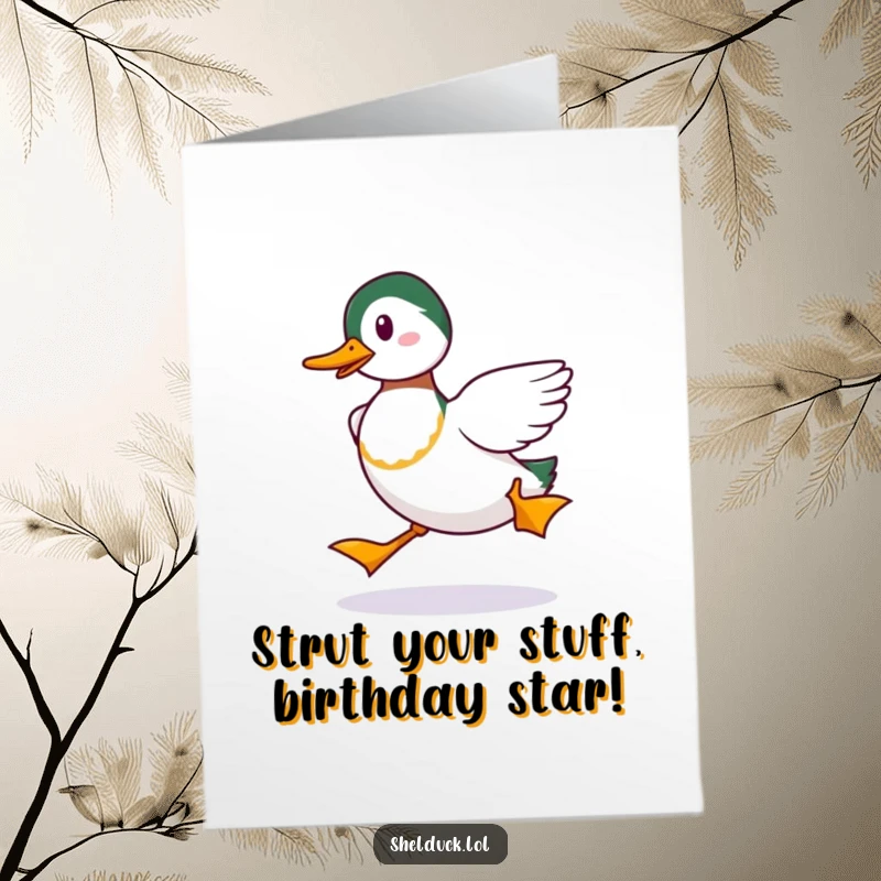 Funny Free Printable Birthday Card: A shelduck doing a comical strut with exaggerated confidence, perfect for a humorous birthday wish.