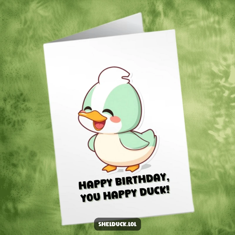 Free Printable Birthday Card: A shelduck character bobs its head with pure joy and infectious enthusiasm.