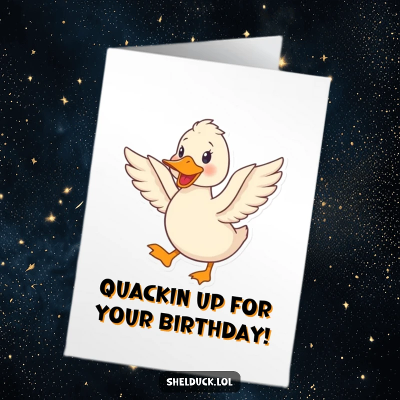 Funny Free Printable Birthday Card: Cute shelduck happily quacking and flapping wings, joyful celebration gift.