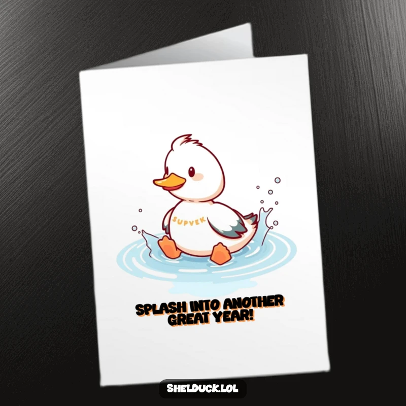 Funny Free Printable Birthday Card: A shelduck playfully splashes in imaginary water, looking delighted. Birthday fun and water humor.