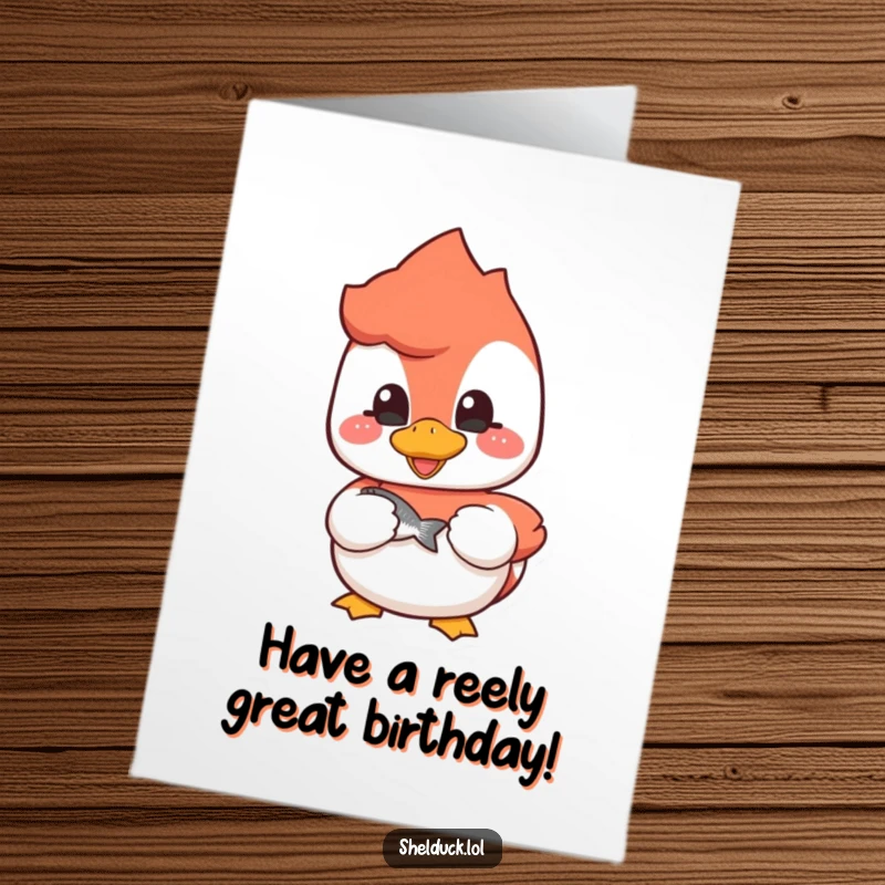Funny Free Printable Shelduck Birthday Card, a cheerful duckling holding a small fish, perfect for a happy occasion.